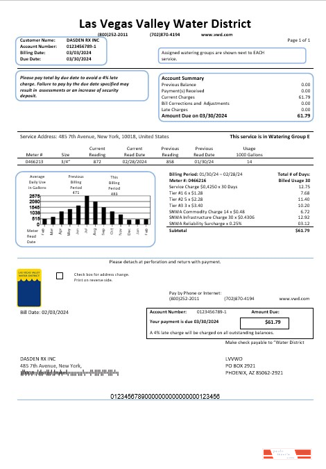 USA Las Vegas Valley Water District (LVVWD) business utility bill template in Word and PDF formats